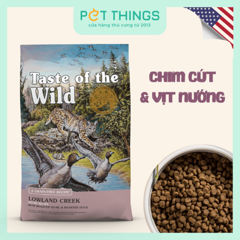 Mèo con hoặc mèo trưởng thành đang ăn hạt Taste of the Wild ngon lành từ bát ăn